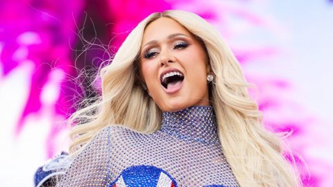Paris Hilton dresses as Ginger Spice in a Union Jack dress to perform at Brighton And Hove Pride In The Park