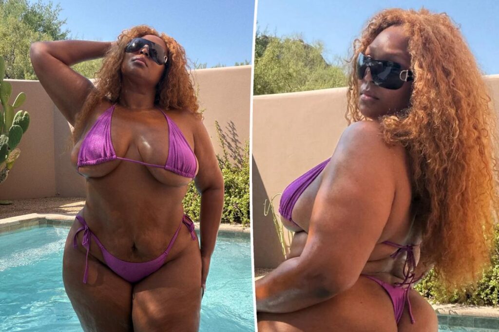 Lizzo models teeny purple string bikini to ring in ‘Fat Liberation Month’