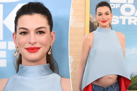 Anne Hathaway wore Hung Vanngo red lipstick at the ‘End of Oak Street’ premiere