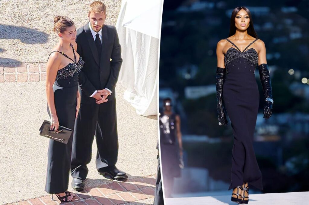 Hailey Bieber glitters at Jordyn Woods’ wedding in Versace dress first worn by Naomi Campbell