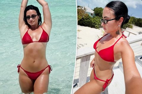Demi Lovato wears red bikini on birthday trip in the Bahamas