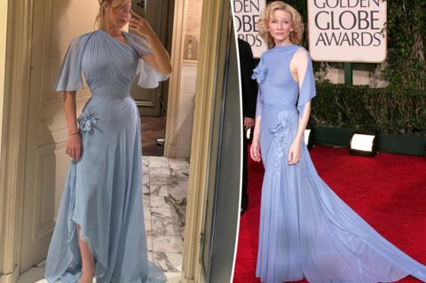 Sydney Sweeney channels Cate Blanchett Golden Globes 2005 gown in custom dress