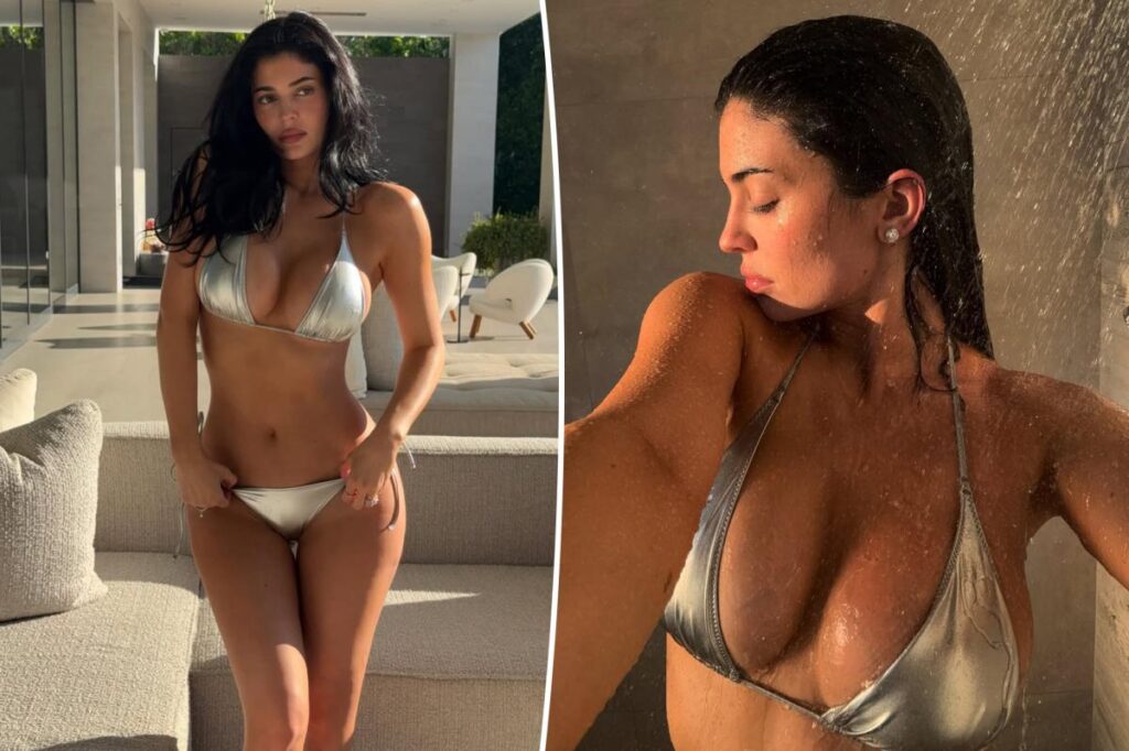 Kylie Jenner models silver lamé bikini ahead of the winter holidays