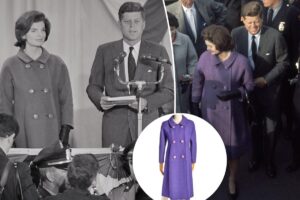 Jackie Kennedy’s iconic purple 1960 Election Night maternity coat is being auctioned off at Sotheby’s in December