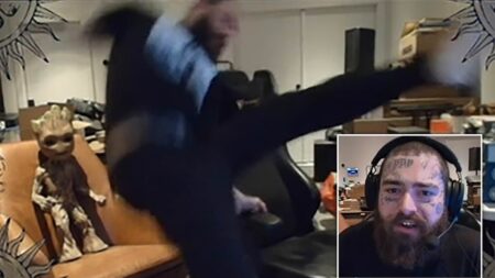 Post Malone FALLS to the floor after attempting backflip off a chair during livestream