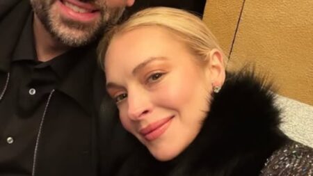 Lindsay Lohan, 39, looks extremely youthful as she cozies up to husband Bader Shammas for rare photo