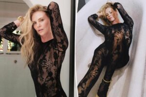 Charlize Theron wears see-through black lace Norma Kamali catsuit to disco-themed holiday party
