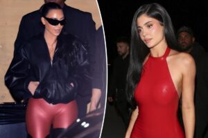 Kylie Jenner and Kim Kardashian both wear holiday-ready red latex looks
