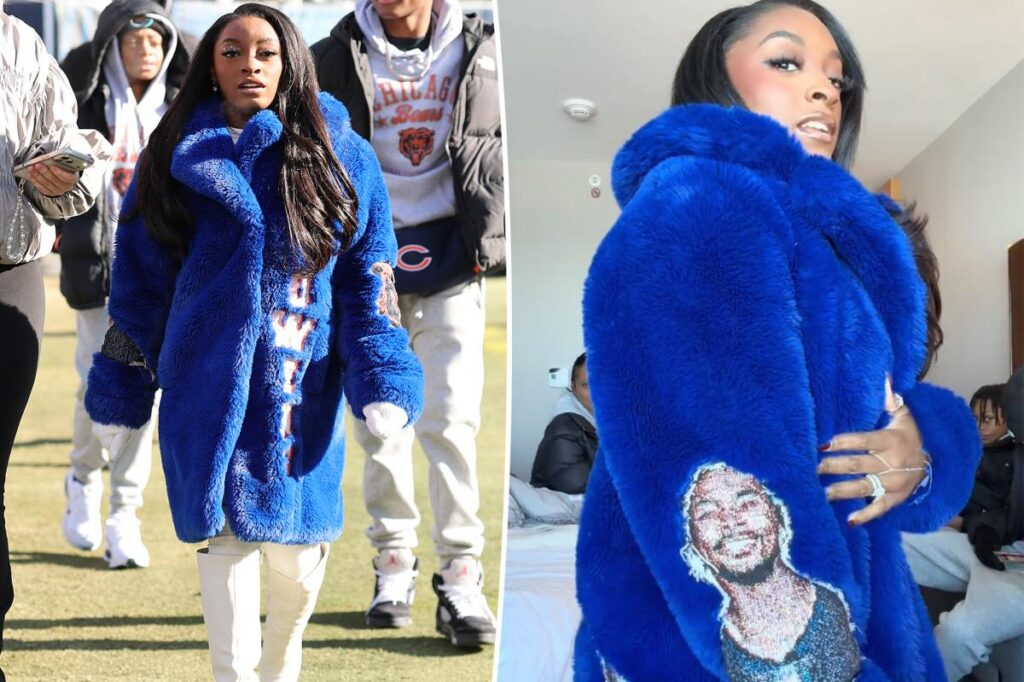 Simone Biles wears furry blue custom coat for Chicago Bears game