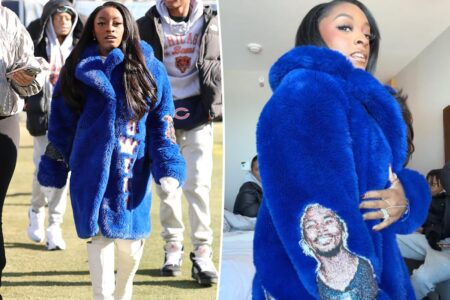 Simone Biles wears furry blue custom coat for Chicago Bears game