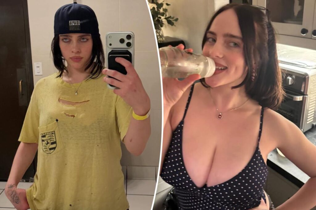 Billie Eilish wears low-cut polka-dot top in holiday photo