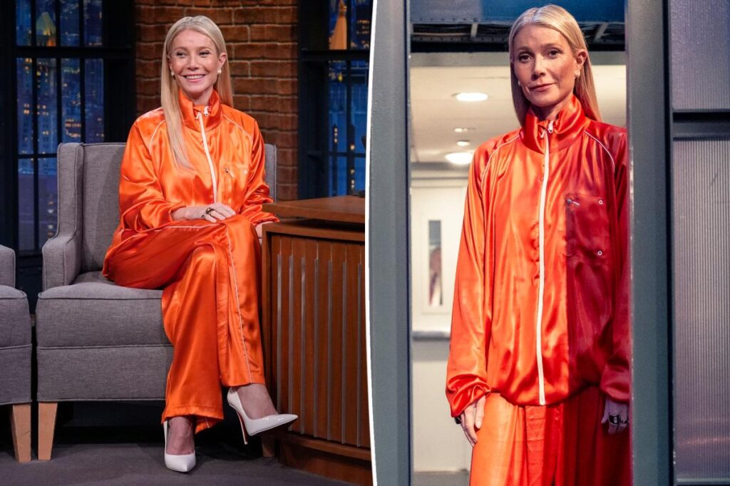 Gwyneth Paltrow wears ‘Marty Supreme’ orange Lacoste track suit for ‘Late Night with Seth Meyers’ appearance