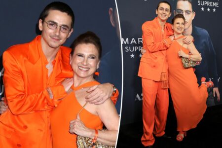 Timothée Chalamet and mom twin in ‘Marty Supreme’ orange at NYC premiere
