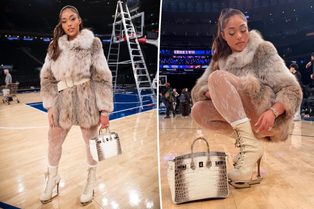 Newly engaged Jordyn Woods wears $3,190 Dsquared2 ice-skate boots with six-figure Hermès Himalaya Birkin bag at Knicks game