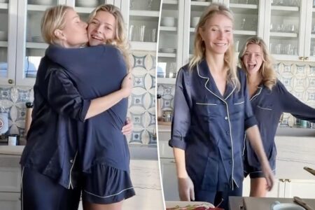 Gwyneth Paltrow and lookalike daughter Apple Martin match in navy blue Sarah Alexander pajamas for boyfriend breakfast