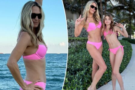 Molly Sims twins with 10-year-old daughter Scarlett Rose in pink bikinis while on a family vacation in Miami
