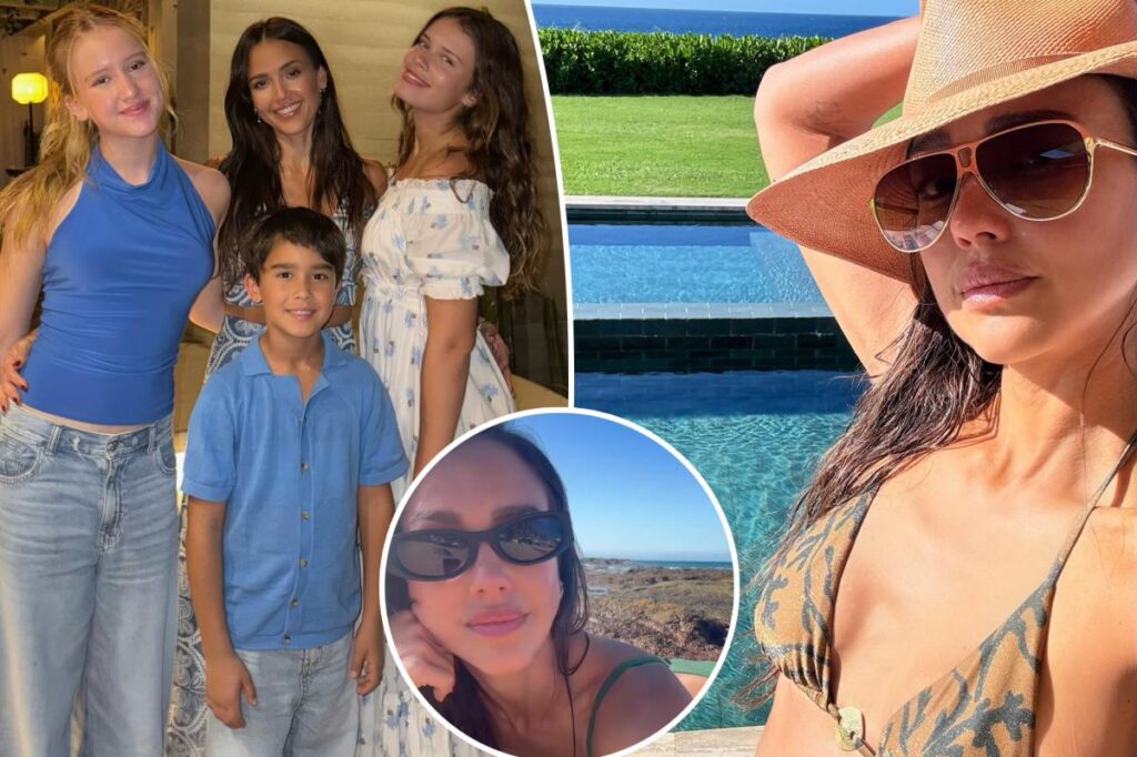 Jessica Alba models bikinis on vacation with her kids