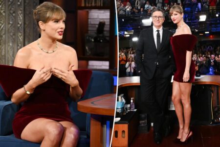 Taylor Swift visits ‘The Late Show With Stephen Colbert’ in maroon velvet David Koma dress