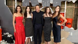 Matt Damon’s daughter Gia, 17, ridicules his awkward red carpet pose as actor is supported by wife Luciana Barroso and their four children at the premiere of his new film The Rip