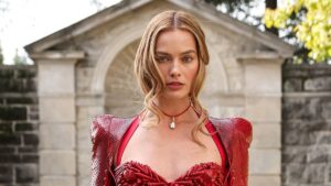 Is this Margot Robbie’s most bizarre look yet? Wuthering Heights star opts for risque take on medieval corset at promo event