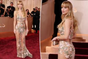 Jennifer Lawrence bares it all in see-through floral dress on Golden Globes 2026 red carpet
