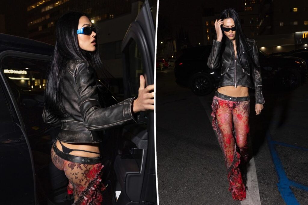 Amelia Hamlin bares her butt crack in low-rise, see-through McQueen pants