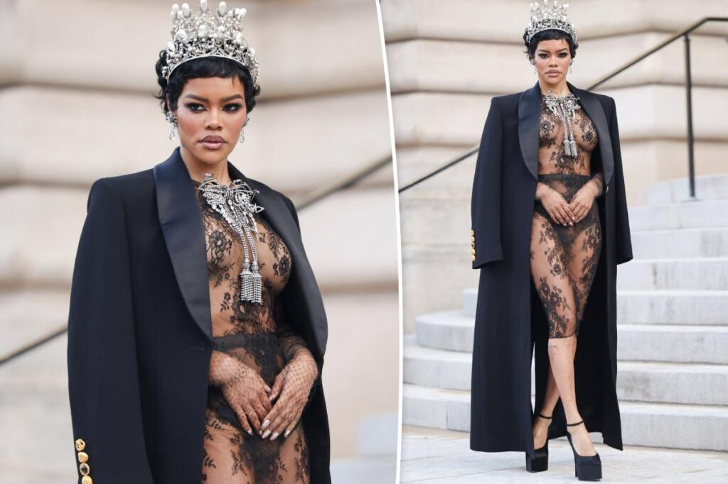 Teyana Taylor attends Schiaparelli couture show in see-through lace outfit and pearl crown
