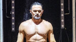 Gareth Gates, 41, shows off his rippling physique after stripping down to tight swimming trunks for new musical Boyband In The Buff – after detailing the furore over losing his virginity to pregnant Katie Price when he was 17