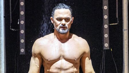 Gareth Gates, 41, shows off his rippling physique after stripping down to tight swimming trunks for new musical Boyband In The Buff – after detailing the furore over losing his virginity to pregnant Katie Price when he was 17