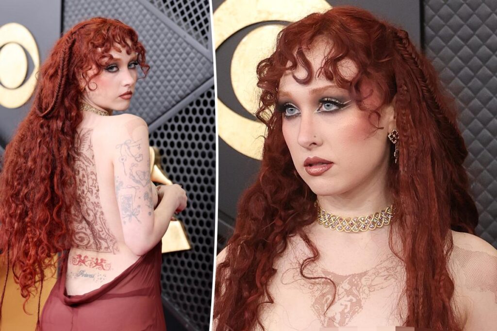 Chappell Roan wears barely there Mugler dress and fake tattoos on Grammys 2026 red carpet