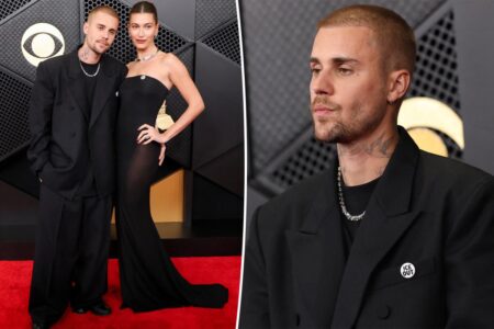 Justin and Hailey Bieber coordinate in black on Grammys 2026 red carpet