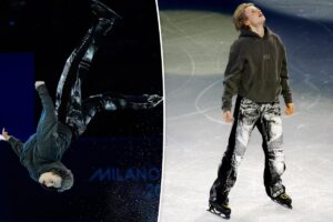 Ilia Malinin skates in $1,300 Balmain jeans for final Winter Olympics 2026 event