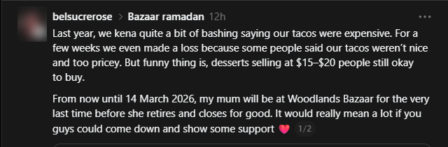 Threads user @belsucrerose sharing her family's experience after their food stall at last year's bazaar was criticised online for being pricey.