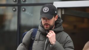 Jack Whitehall looks a tad worse-for-wear as he leaves Manchester hotel with model fiancée Roxy Horner the morning hosting his sixth BRIT Awards
