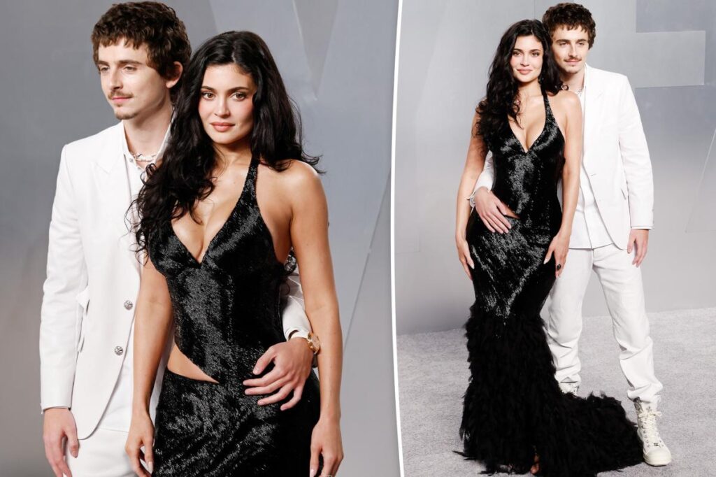 Kylie Jenner poses with Timothée Chalamet on Vanity Fair Oscar Party 2026 red carpet