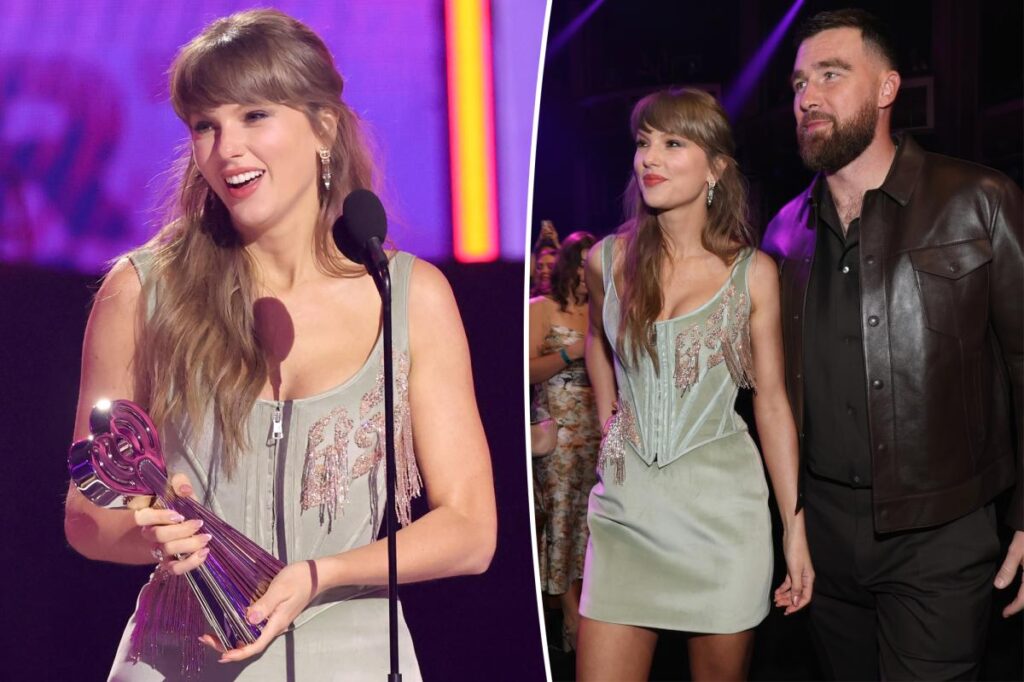 Taylor Swift shouts out fiancé Travis Kelce at iHeartRadio Music Awards