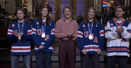 Team USA Hockey’s Hilary Knight and Megan Keller Reunite With Jack and Quinn Hughes to Mock Donald Trump Drama