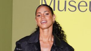 Vick Hope catches the eye in a leather minidress and statement jacket as she arrives for the V&A’s East Storehouse Museum opening