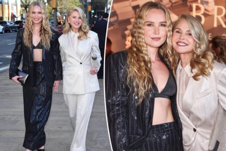 Christie Brinkley and Sailor Brinkley Cook wear matching sequin suiting in NYC