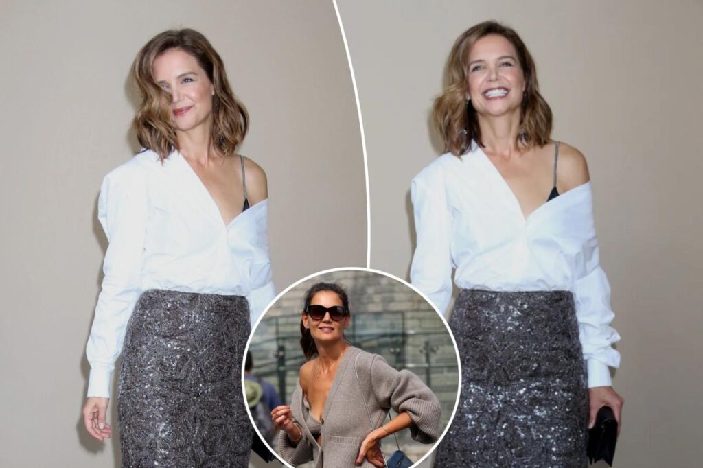 Katie Holmes wears a sequin skirt and peekaboo bra for Brunello Cucinelli event