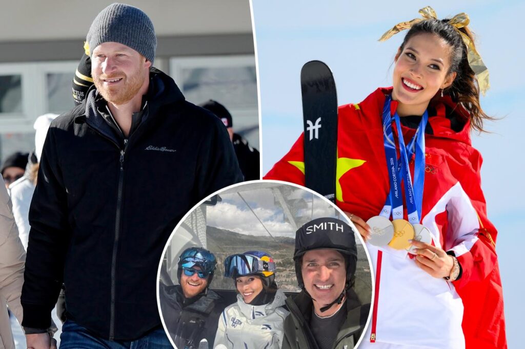 Prince Harry poses for selfie with politician Justin Trudeau and Olympian Eileen Gu on ski trip