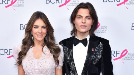 Elizabeth Hurley is accompanied by dapper son Damian as she hosts her annual Breast Cancer Research Foundation Hot Pink Party