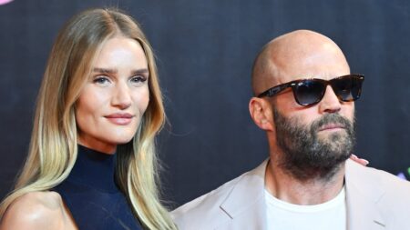 Rosie Huntington-Whiteley, 39, wows in a skin-tight dress as she joins Jason Statham, 58, for as rare red carpet appearance at 7 Dogs premiere in Egypt