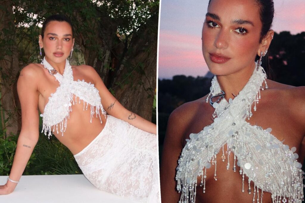 Dua Lipa celebrates her bachelorette in bridal-white bra top — and over $300K of diamonds
