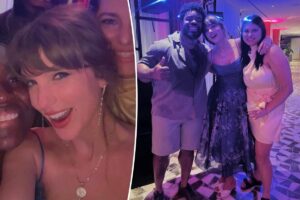 Taylor Swift rocks midi-dress in new photos from Chiefs player George Karlaftis’ Greece wedding