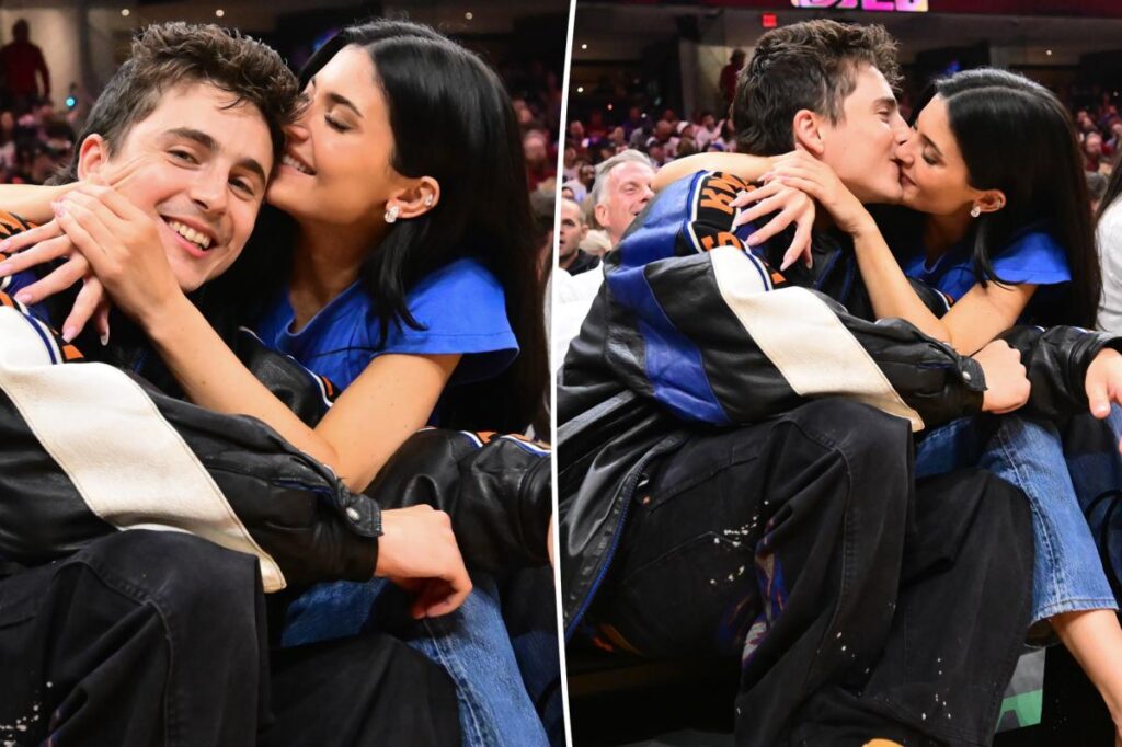 Kylie Jenner and Timothée Chalamet celebrate Knicks win with a kiss