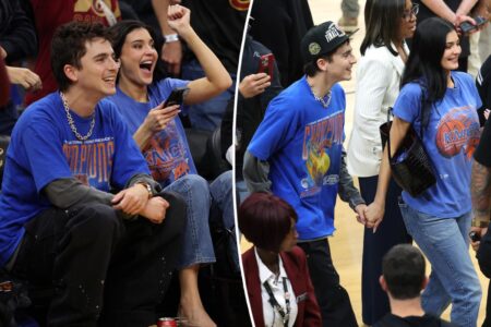 Kylie Jenner, Timothée Chalamet match in vintage Knicks merch at Game 4