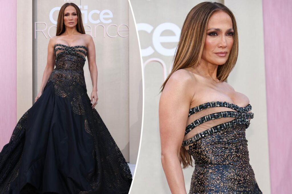 Jennifer Lopez wows at ‘Office Romance’ premiere in optical illusion gown