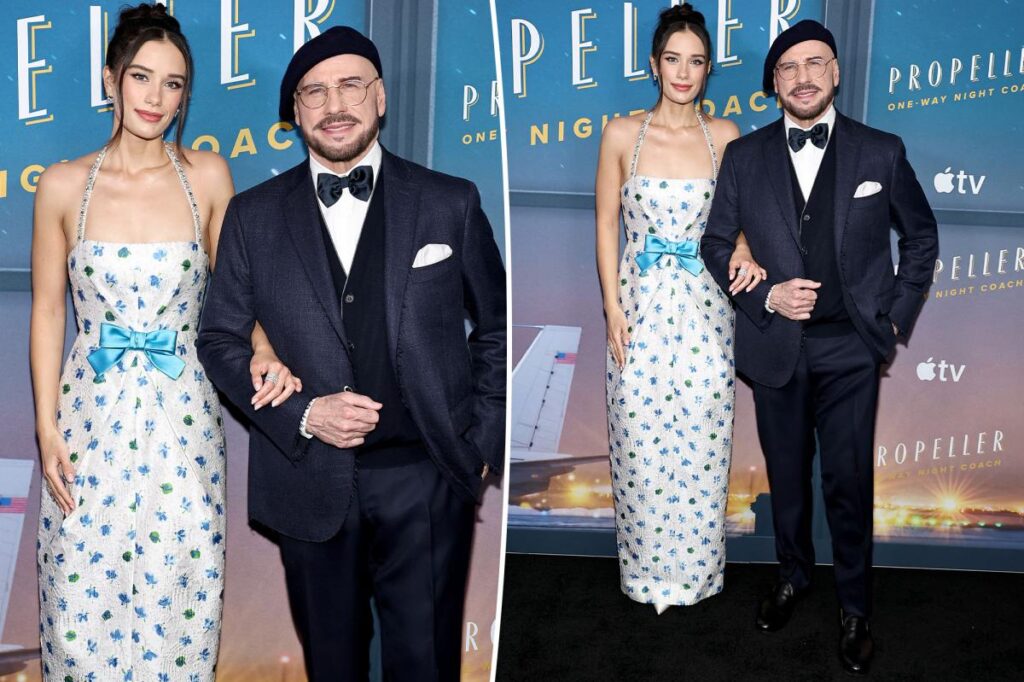 John Travolta and daughter Ella Bleu coordinate at “Propeller One-Way Night Coach” premiere