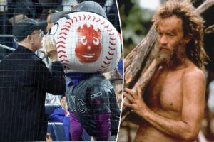 Tom Hanks meets Mr. Met dressed up as his ‘Cast Away’ co-star at MLB game